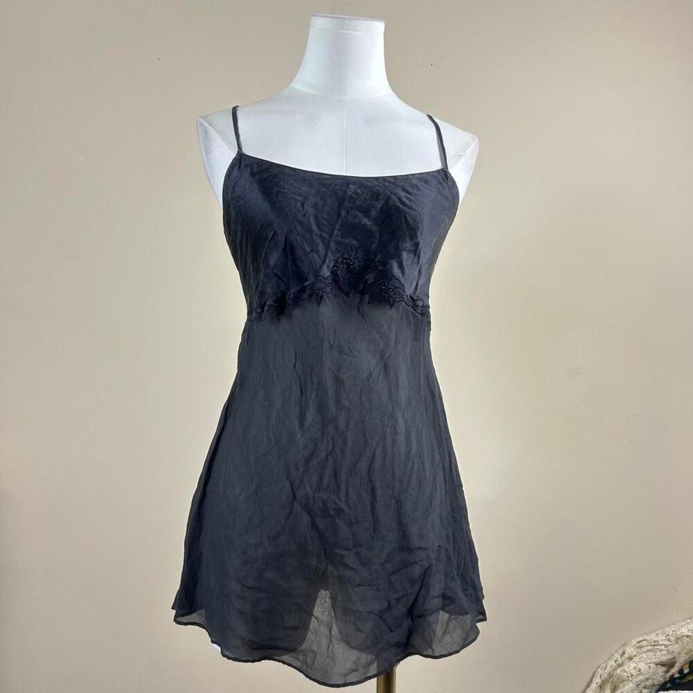 Victoria’s Secret Dark Coquette Black Silky Slip with Beaded Flower Details